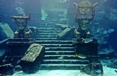 two chairs sitting on top of stone steps in the ocean with fish swimming around them