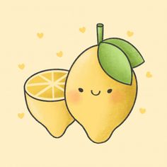 a drawing of two lemons with faces and hearts on the side, one has a green leaf on its head