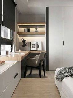 a bedroom with a bed, desk and chair