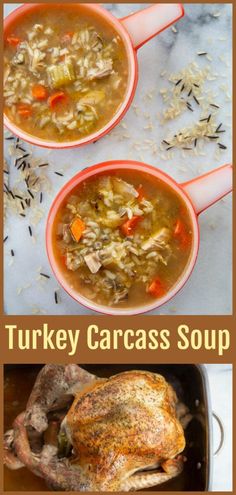 three pictures of turkey carcass soup in orange bowls