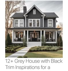 the gray house with black trim is featured in this postcard for real estate magazine