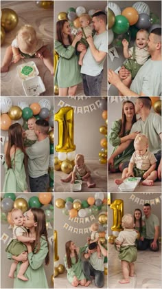 a collage of photos with people and balloons in the shape of numbers, including one child