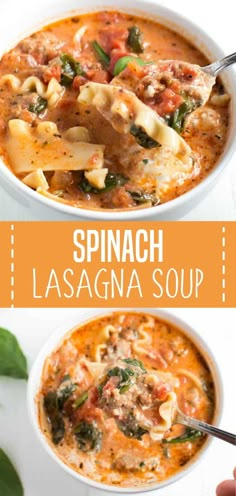 spinach lasagna soup in a white bowl