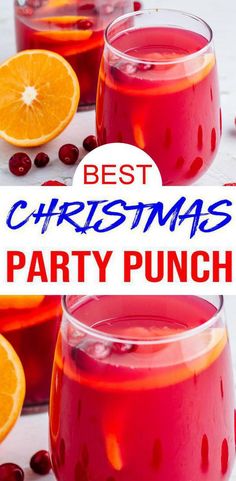 the best christmas party punch recipe with oranges and cranberries in glasses on a white table