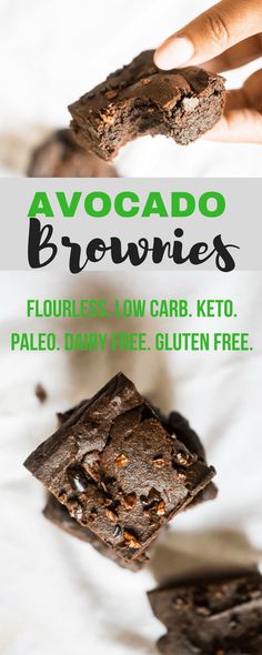 chocolate brownies stacked on top of each other with the words avocado brownies below