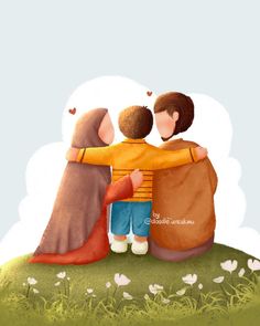 three children hugging each other on top of a hill