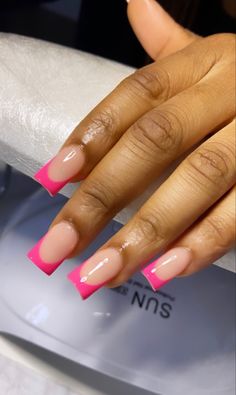 Cute Hot Pink French Tip Nails, Pink French Tip Black Women, Pink French Tip Nails Medium Length, Pink Nails No Design, French Tips Multi Color, Hot Pink French Tip Nails Square Short, Short Square Hot Pink Nails, Square Hot Pink French Tip Nails, Hot Pink French Tips Short