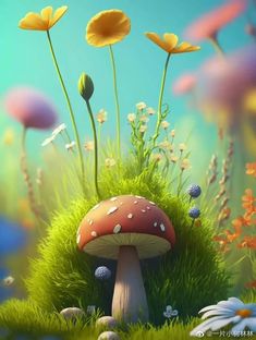 an image of a mushroom with flowers in the background