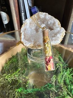 a glass bowl filled with green moss and a piece of jewelry hanging from it