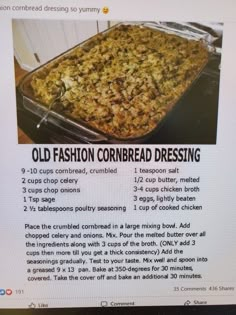 an old fashion cornbread dressing recipe is shown on the computer screen, with instructions for how to make it