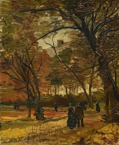 an oil painting of people walking in a park