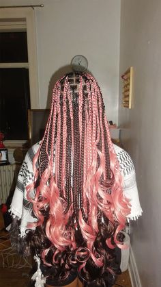 Neopolitan Braids With Curls, Box Braids Hair Color Ideas, Purple French Curls Braids, Black Girls Hairstyles Braids With Color, Cute Braids For School, Pink French Curl Braids, Neapolitan Braids, Pink Twists