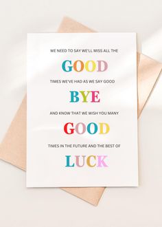 a card with the words good bye on it