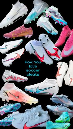 many different types of soccer shoes are arranged in a circle with the words pov you love soccer shorts