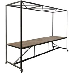 a metal bed frame with a wooden top and bottom shelf on casteors for storage