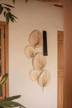 three decorative wall hangings on the side of a white wall next to a potted plant