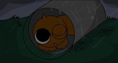 a cartoon cat is peeking out from inside a barrel on the ground in the rain