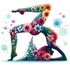 a woman is doing yoga with flowers on her body and arms in the shape of a flower