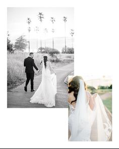 the bride and groom are walking down the road together in black and white photo collage