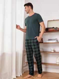 Olive Green  Collar   Plaid Pajama Sets Embellished Medium Stretch All Men Loungewear Pajama Set For Men, Pajama Outfit Men, Male Pjs, Pajama Set Men, Men Homewear, Pyjamas For Men, Pajamas Men, Pajama For Men