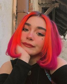 orange hair, pink hair, money piece, short hair, old money bob, galentines, valentines Pink And Orange Hair, Fox Hair Color, Fox Hair, Arctic Fox Hair Color, Sunset Orange, Arctic Fox, Orange Hair, Roots Hair, Pink And Orange