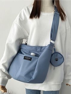 Blue Casual,Preppy Collar  Polyester Letter Hobo Bag Embellished   Women Bags Purse For Teens, Retro Shoulder Bag, Mini Coin Purse, Bag Outfit, Hobo Style, Simple Outfit, Coin Bag, Cute Bags