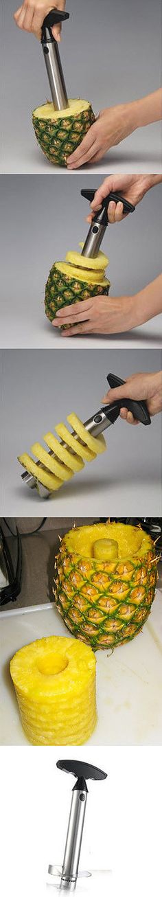 three pictures showing how to cut and slice pineapples in half with the same knife