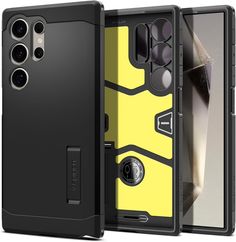 an image of the back and sides of a black case with yellow accents on it