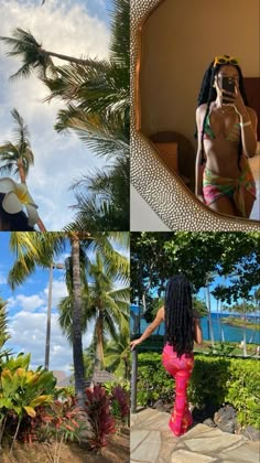 a collage of photos with people in bikinis and palm trees