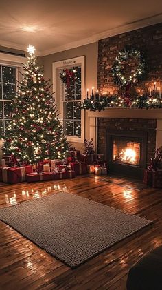 a living room with a christmas tree and fireplace