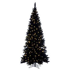 a large black christmas tree with lights on it's sides and an upside down top