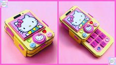 two pictures of hello kitty cell phones with buttons on them, one is yellow and the other is pink