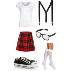 an outfit with suspenders, glasses and a t - shirt is featured in this image