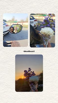 three different pictures with flowers in them and the same person taking a photo on their phone