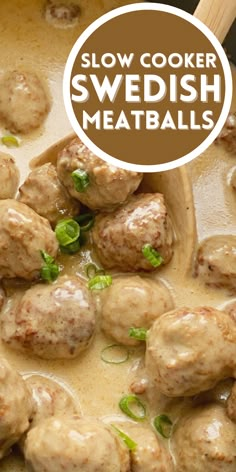 Swedish meatball recipe that is so easy to make in the slow cooker with frozen meatballs. A picture of Swedish meatballs garnished with green onions. Sweetish Meatballs Recipe Crockpot, Mushroom Soup Meatballs Crockpot, Swedish Meatballs With Frozen Meatballs And Cream Of Mushroom Soup, Easy Crockpot Swedish Meatballs Frozen, Crockpot Sweedish Meatballs And Noodles, Meatballs And Cream Of Mushroom Soup, Slow Cooker Swedish Meatballs Frozen, Frozen Meatballs And Gravy Crockpot, Meatballs In Mushroom Soup