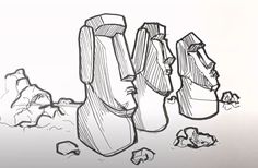 a black and white drawing of two backpacks on the ground with rocks in the background