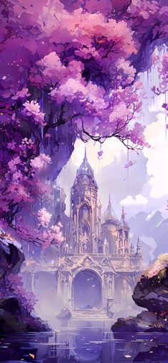 an artistic painting of a castle surrounded by pink flowers and trees in the foreground