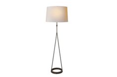 a floor lamp with a white shade on the top and a black metal frame around it