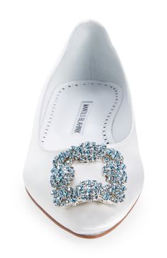 A sparkling crystal ornament lends rococo decadence to an elegant satin flat. Textile upper/leather lining and sole Made in Italy Women's Designer Shoes Footwear Design Women, Sparkling Crystal, Rococo, Manolo Blahnik, Womens Flats