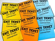 six exit tickets with the words text to self written on them in black and yellow