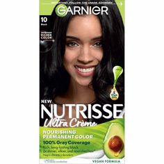 Garnier Nutrisse Ultra Crème Nourishing Permanent Hair Color nourishes as it colors for 2x shinier, silkier and nourished hair vs. uncolored, unwashed hair. Garnier Nutrisse permanent black hair dye comes with a fruit oil ampoule that you pour directly into the mix. Our nourishing after color conditioner is infused with five responsibly-sourced oils - avocado, olive, coconut, argan and shea. The new ColorBoost technology efficiently infuses intense dyes into the hair fiber for richer, radiant, a Garnier Hair Color, Mascarpone Creme, Black Hair Dye, Color Conditioner, Colour Consultant, Beautiful Red Hair, Gray Coverage, Deep Winter, Permanent Hair Color