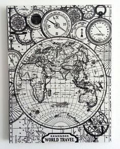 an old world map with clocks on it and the words world travel written in black ink