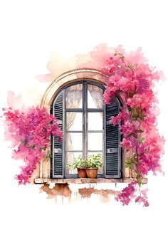 an open window with pink flowers and potted plants on the windowsill, painted in watercolor