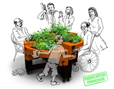 a man pushing a wheel barrow with plants in it and people standing around the wagon