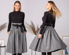 Midi Circle Skirt with Tie Belt, High Waist Wool Skirt for Winter ❥ Enjoy the effortless fit and the feminine sense when wearing our creations! Every piece by NikkaPlace is made with lots of love and attention to detail! ❥ MATERIALS AND CARE Cool Wool (for Patterns 1-5) , 80% Wool, 20% Polyester (Pattern 6) Machine Wash (40o) Do not tumble dry or bleach ❥ SIZE Please refer to our size chart (last image in the listing photos). If you're unsure which size to choose - leave a note at checkout with Winter Full Skirt With Lining, Knee-length Wool Skirt For Winter, Wool Circle Skirt, Wool Flowy Lined Skirt, Winter Wool A-line Skirt, Skirt For Winter, Warm Skirt, Retro Black Dress, Warm Skirts