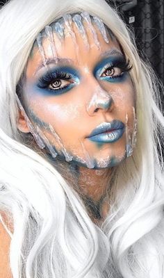 Winter Costume Makeup, Snowflake Halloween Costume, Winter Theme Makeup, Ice Fairy Makeup, Ice Makeup Looks, Ice Costume Halloween, Frostbite Makeup, Makeup Looks Christmas, Makeup Ideas Christmas