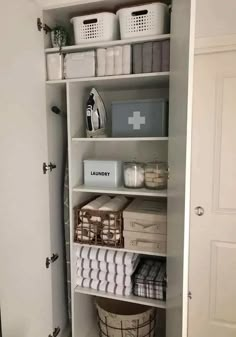 an open closet with baskets and other items on the shelves, labeled leanne's post