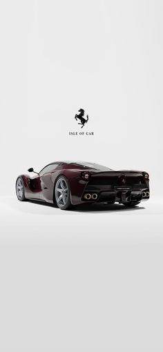 a red sports car is shown in the middle of a white background with an image of a horse on it