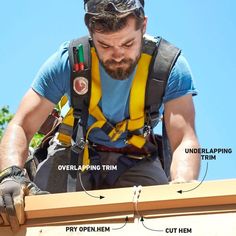 a man in safety gear working on the side of a building with words describing how to use it