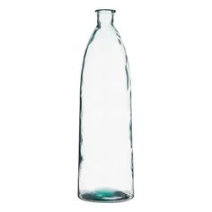 a clear glass bottle is shown on a white background, with the bottom half empty